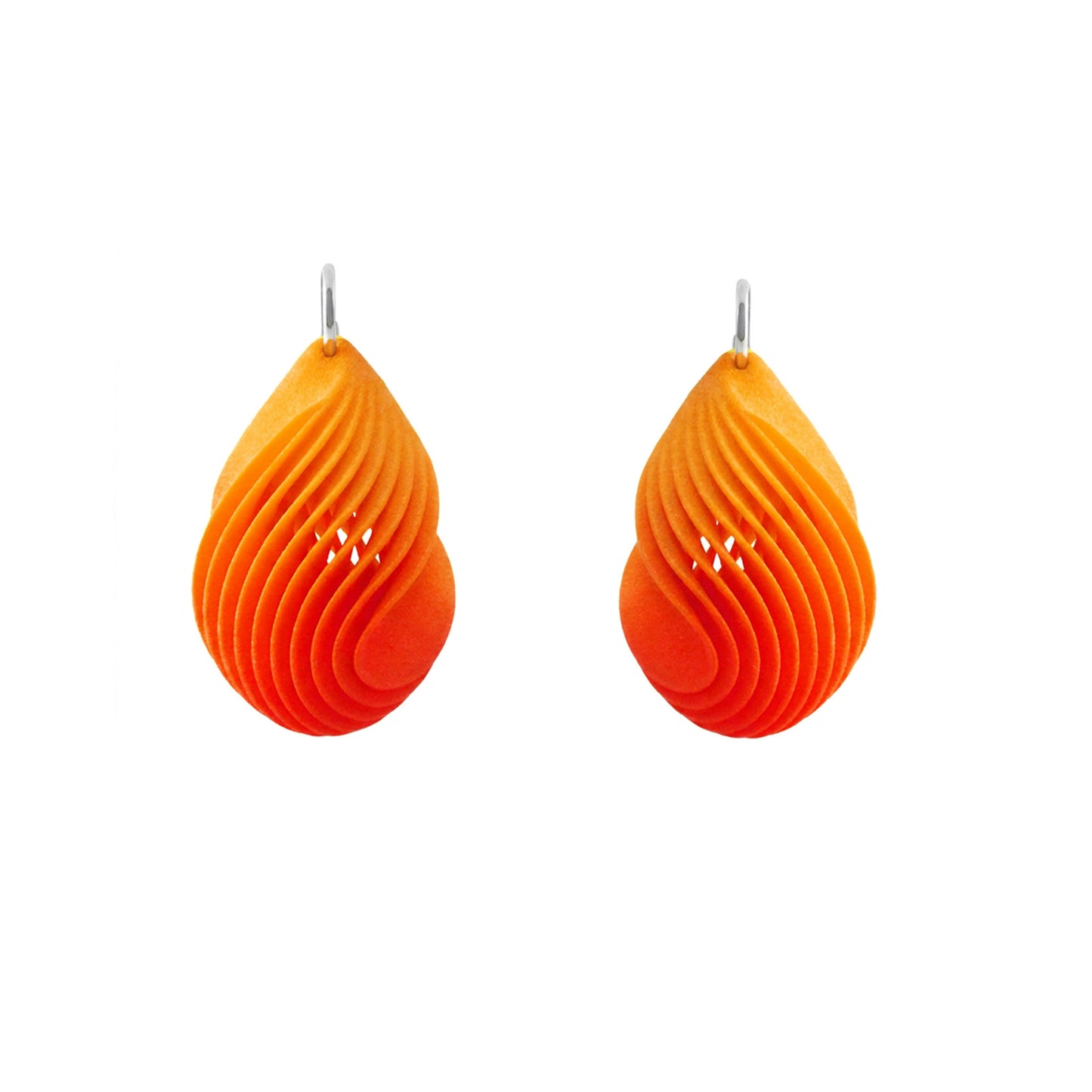 Pair of orange teardrop-shaped earrings on a white background
