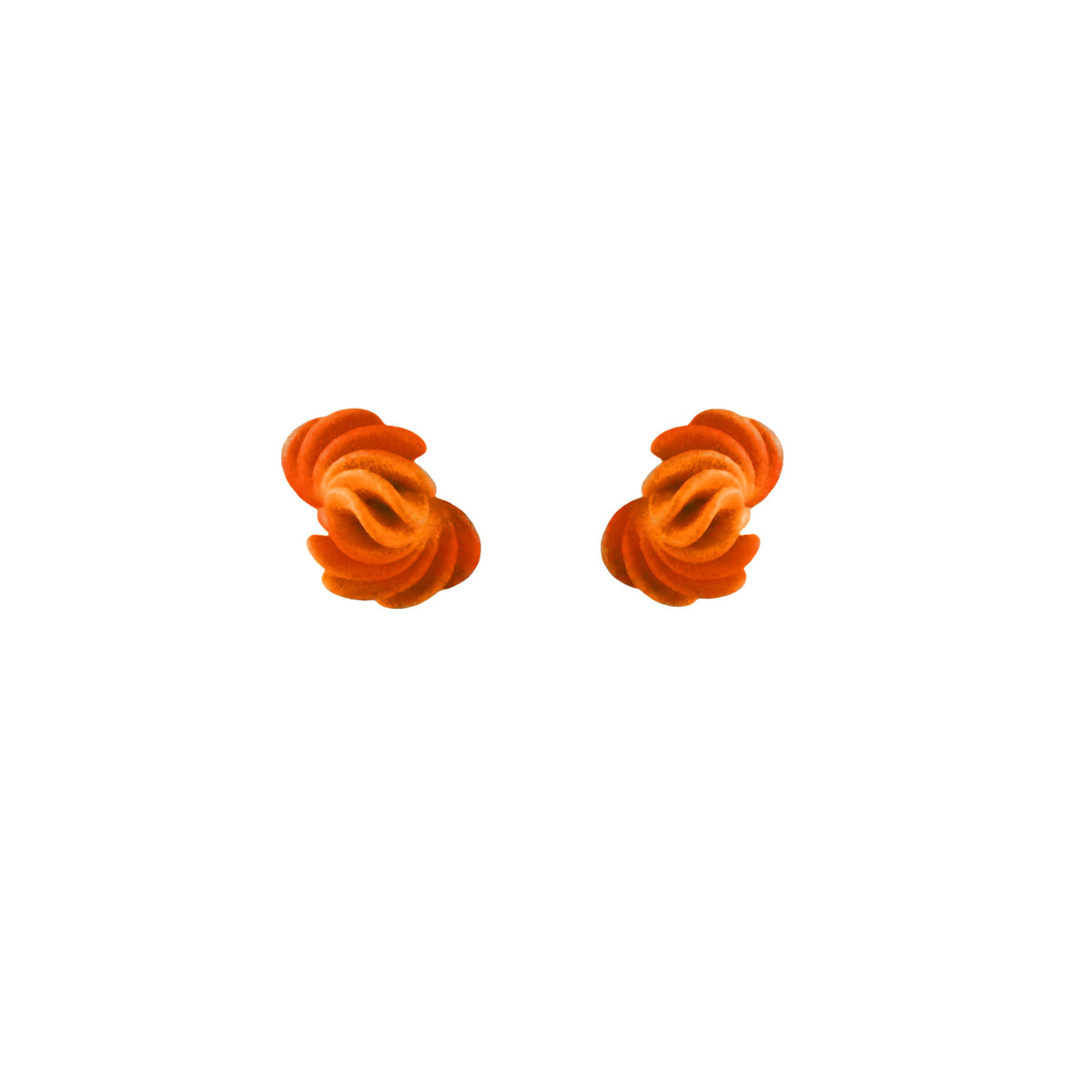 Pair of 3D printed yellow spiral twist stud earrings on a white background