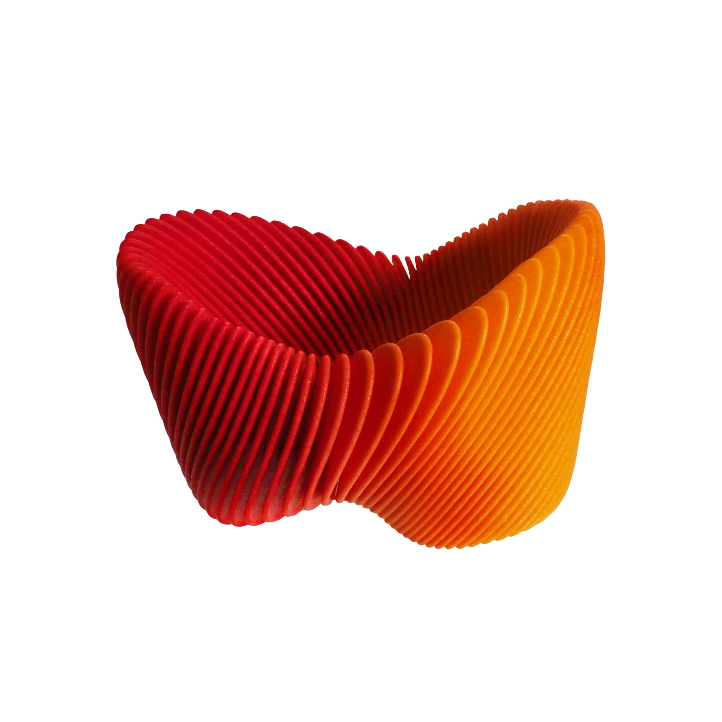 Yellow orange gradient 3D printed flexible nylon bangle cuff by Phase Jewellery on white background.