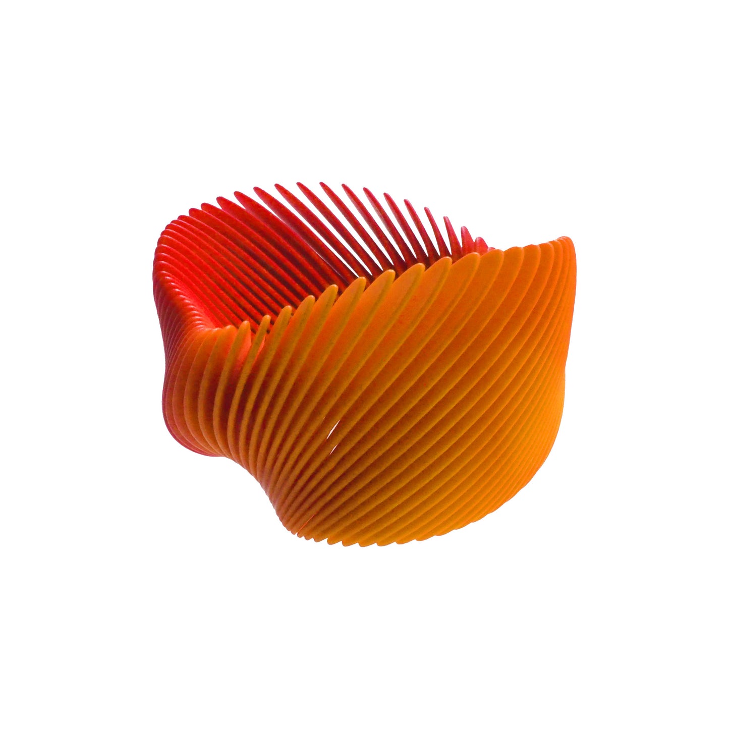 Yellow gradient 3D printed flexible nylon bangle cuff by Phase Jewellery on white background.