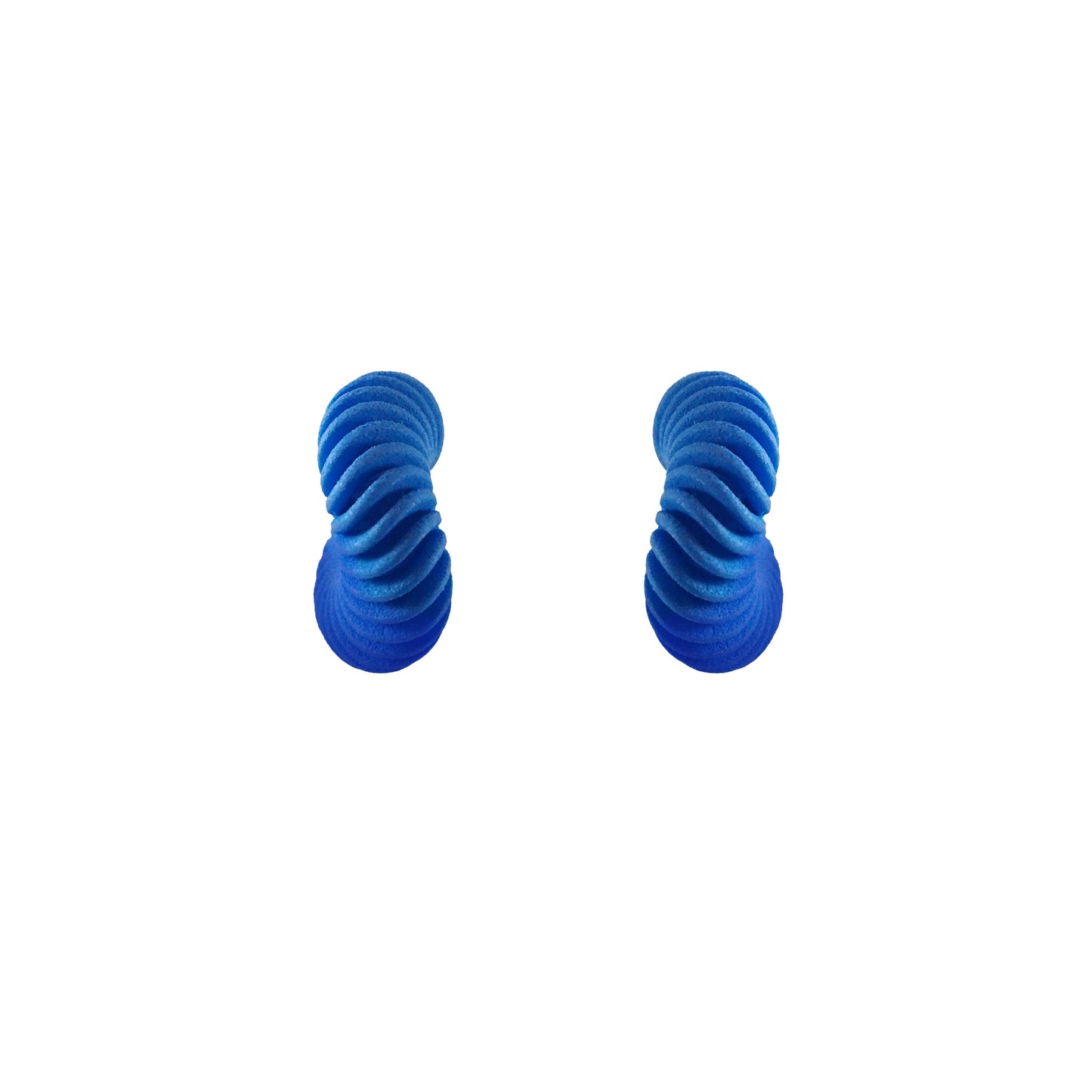 Blue twisted hoop Earrings, 3D printed pink gradient nylon by Phase Jewellery on a white background.