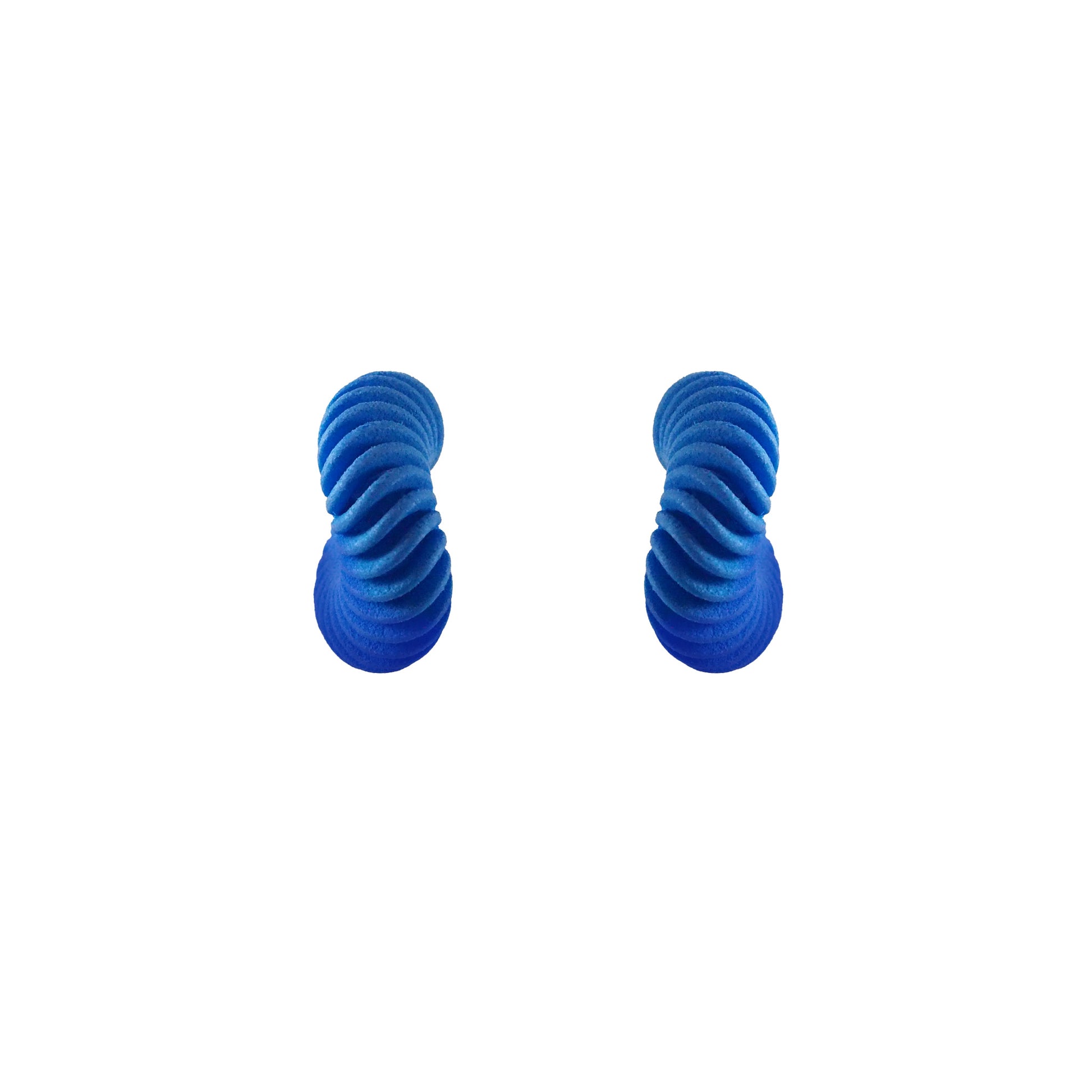 Blue twisted hoop Earrings, 3D printed pink gradient nylon by Phase Jewellery on a white background.