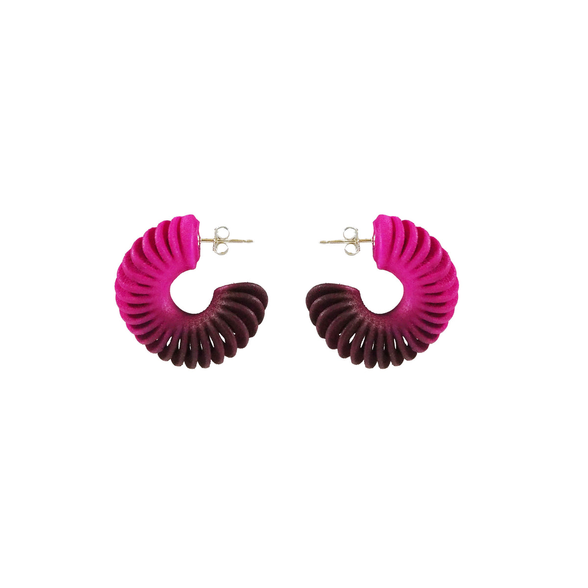 Twist Hoop Earrings, 3D printed pink gradient nylon by Phase Jewellery